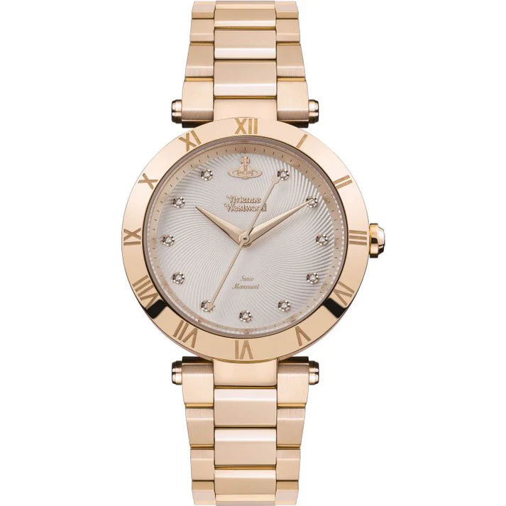 Vivienne Westwood Montagu rose gold women's watch with white dial and Roman numerals