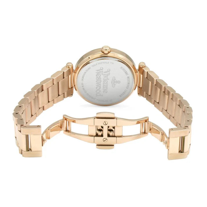 Vivienne Westwood Montagu side view showing rose gold stainless steel bracelet and clasp