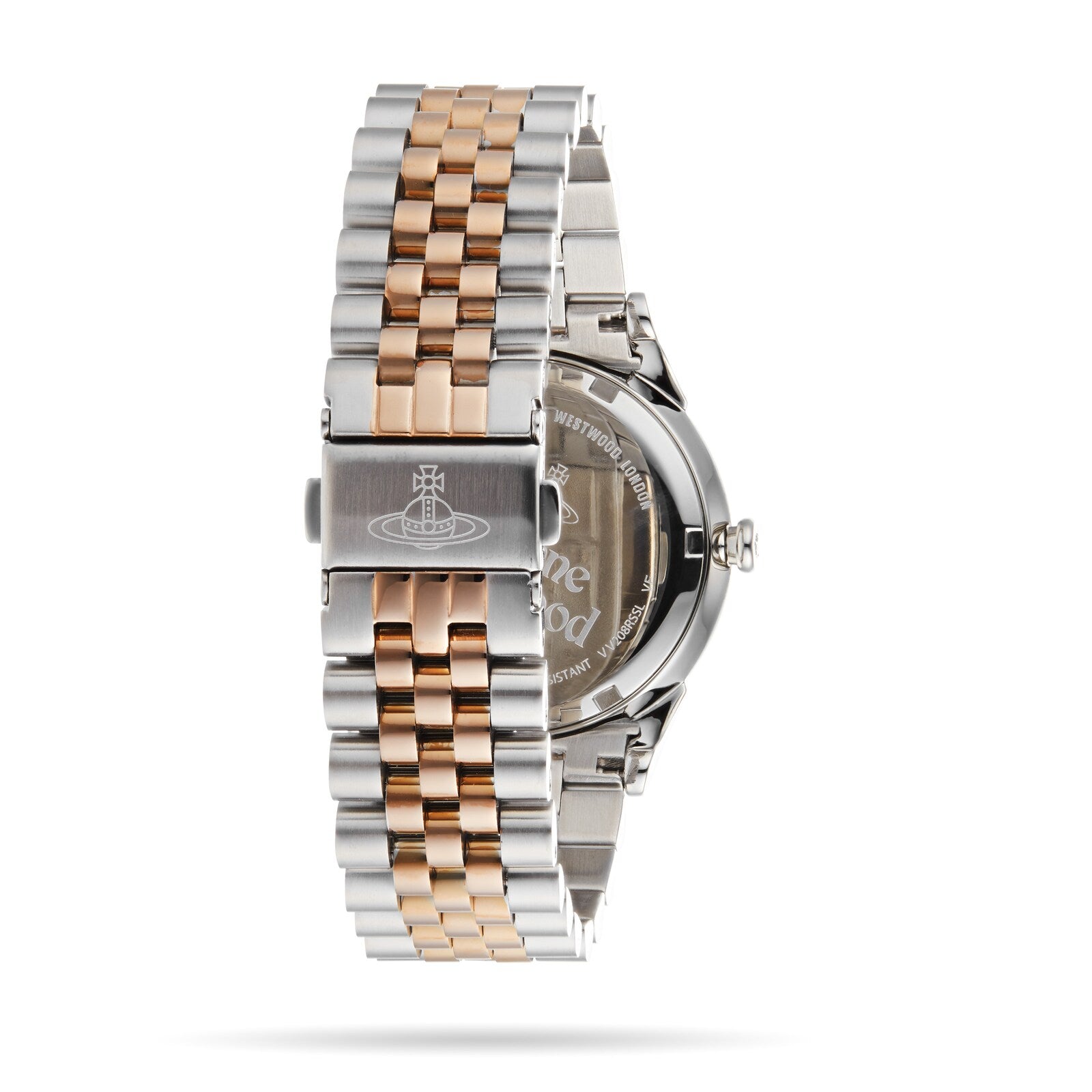 Vivienne Westwood Wallace watch caseback view with two-tone bracelet extended flat