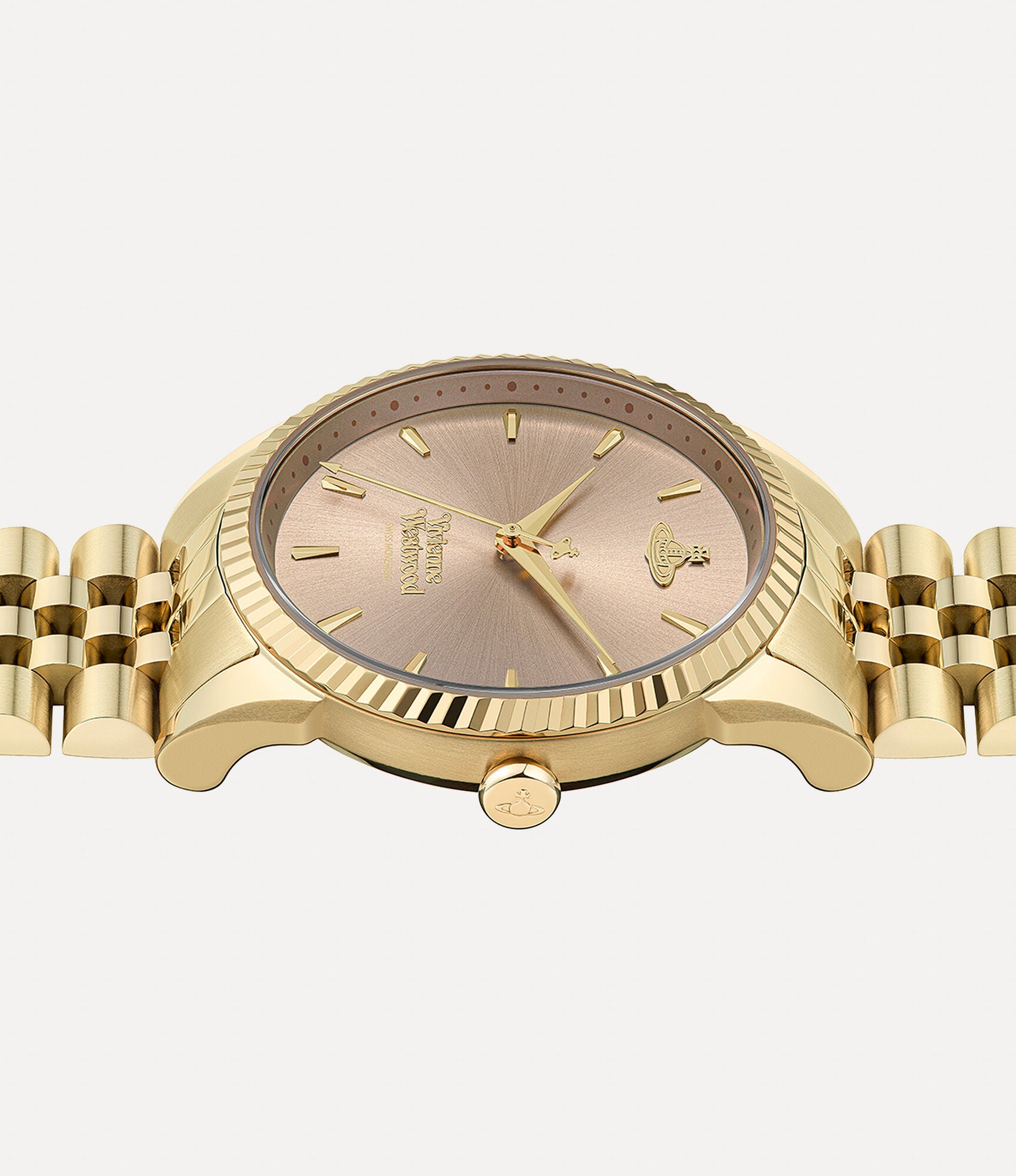 Vivienne Westwood Seymour watch from side view displaying case profile and bracelet
