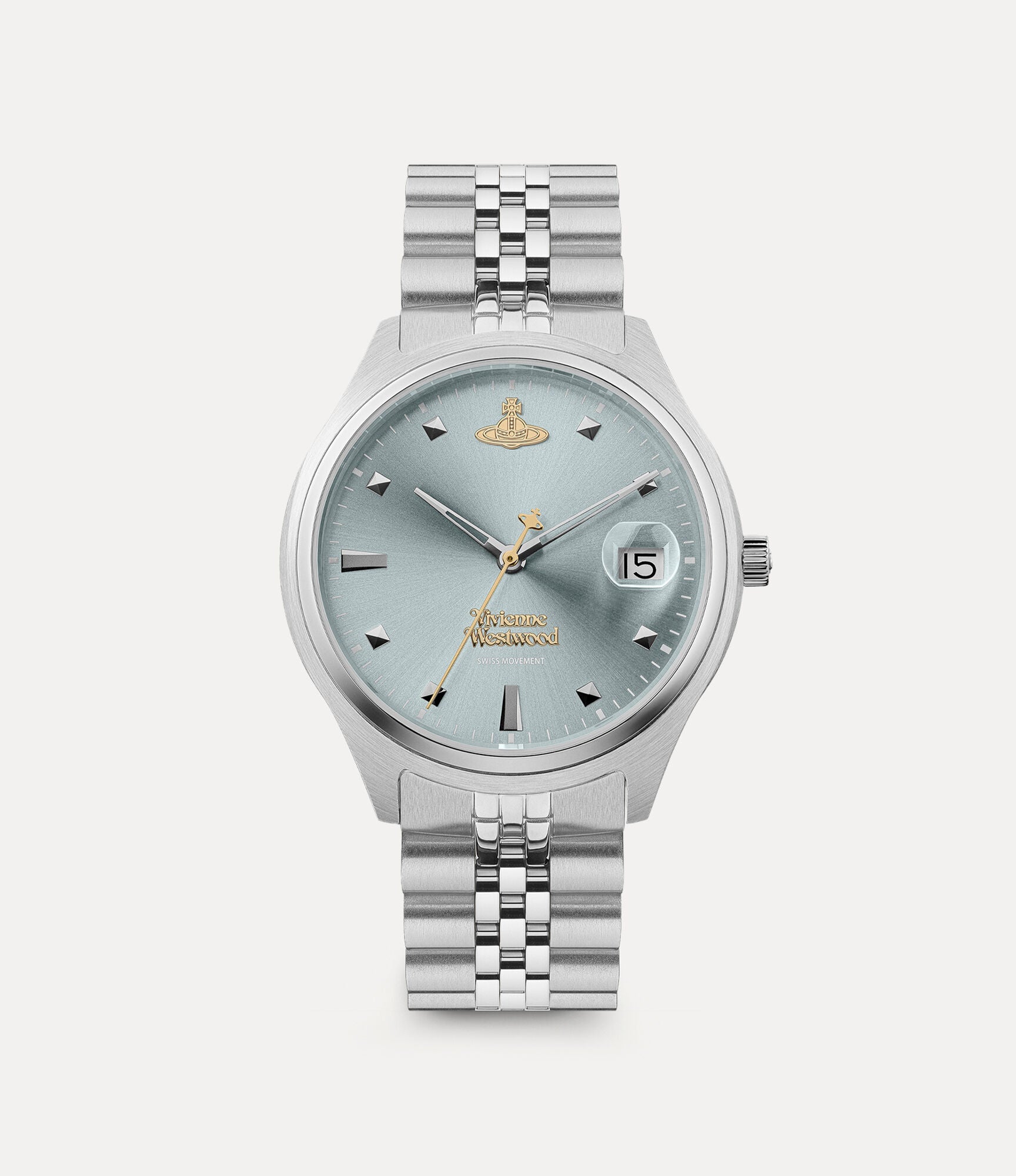 Vivienne Westwood Bloomsbury women's watch with light blue dial and stainless steel jubilee bracelet