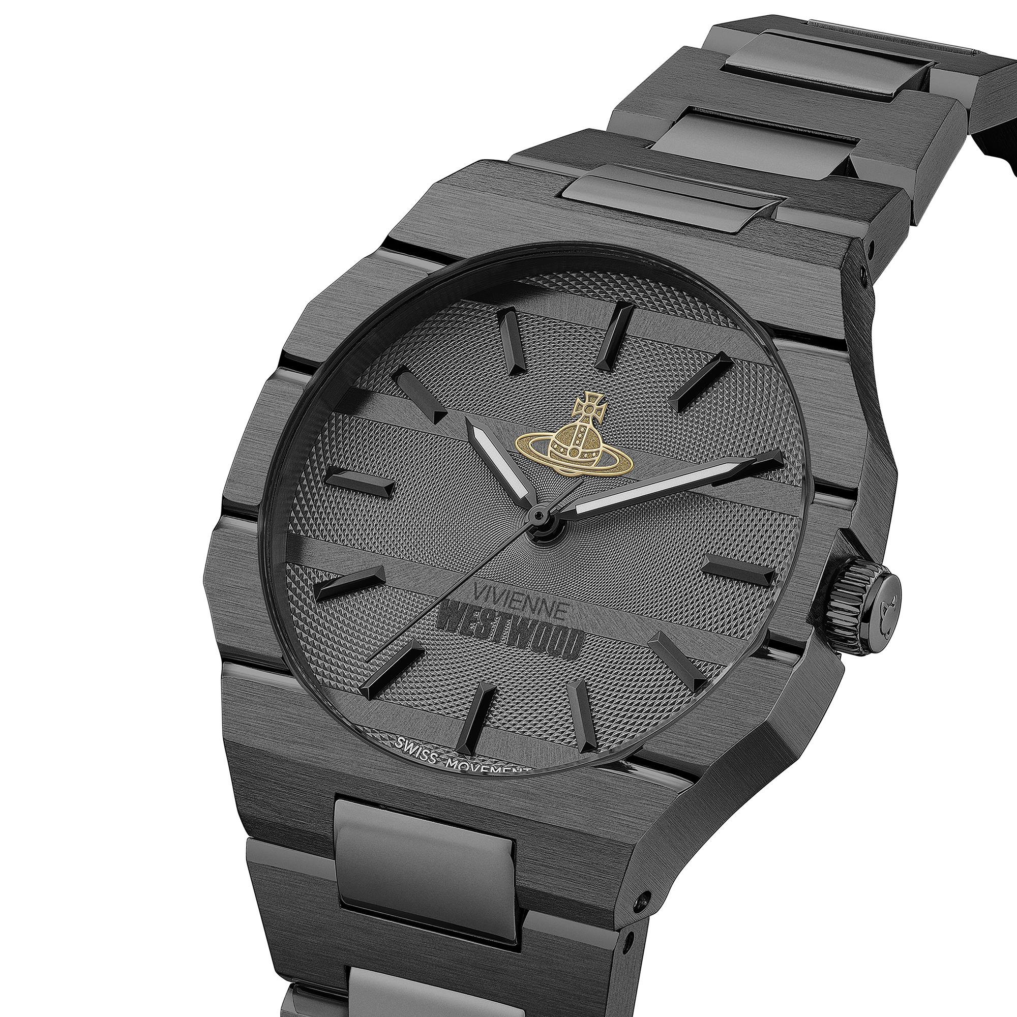 The Bank watch three-quarter angle view showing gunmetal bracelet and dark dial
