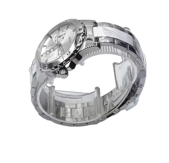 Guess Mist silver stainless steel watch shown from angled side view displaying case and bracelet