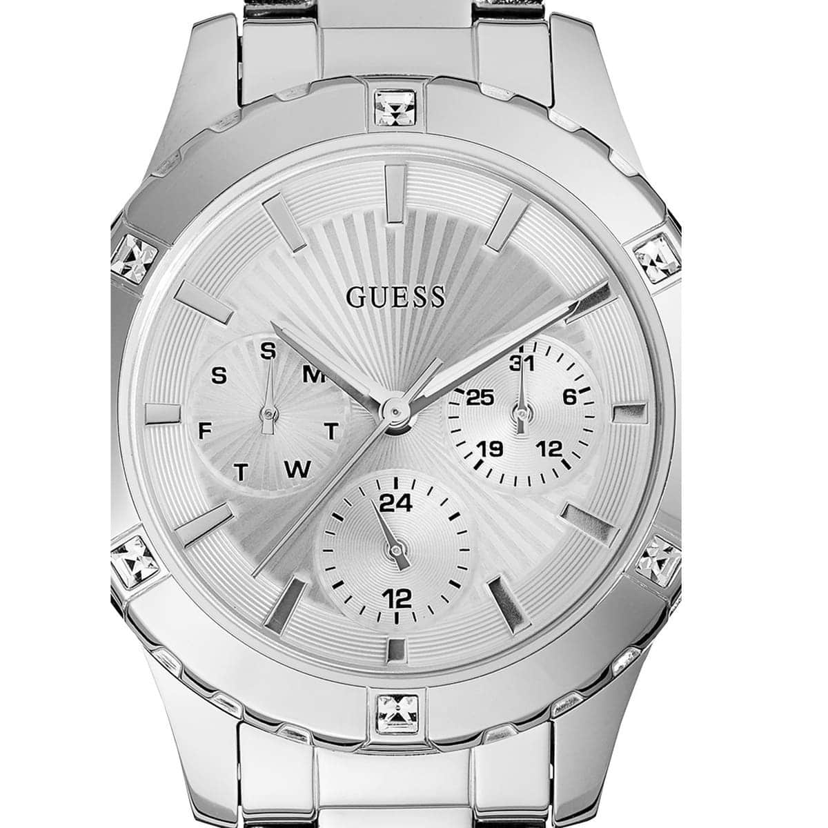 Close-up of Guess Mist watch dial showing chronograph subdials and GUESS branding