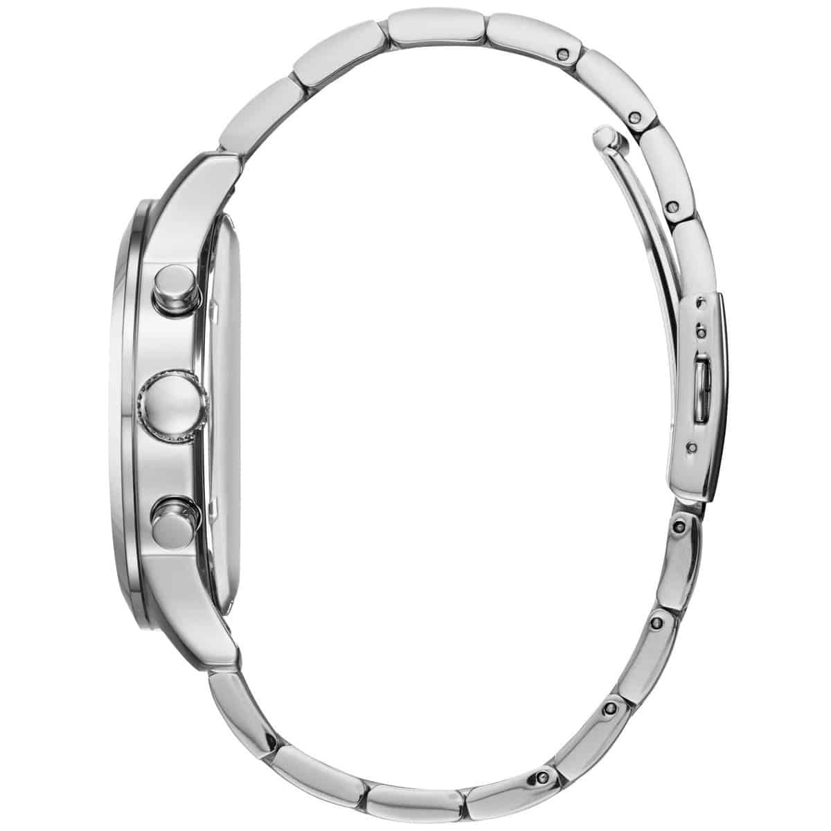 GUESS W0668G7 watch shown from side displaying full metal bracelet links and case