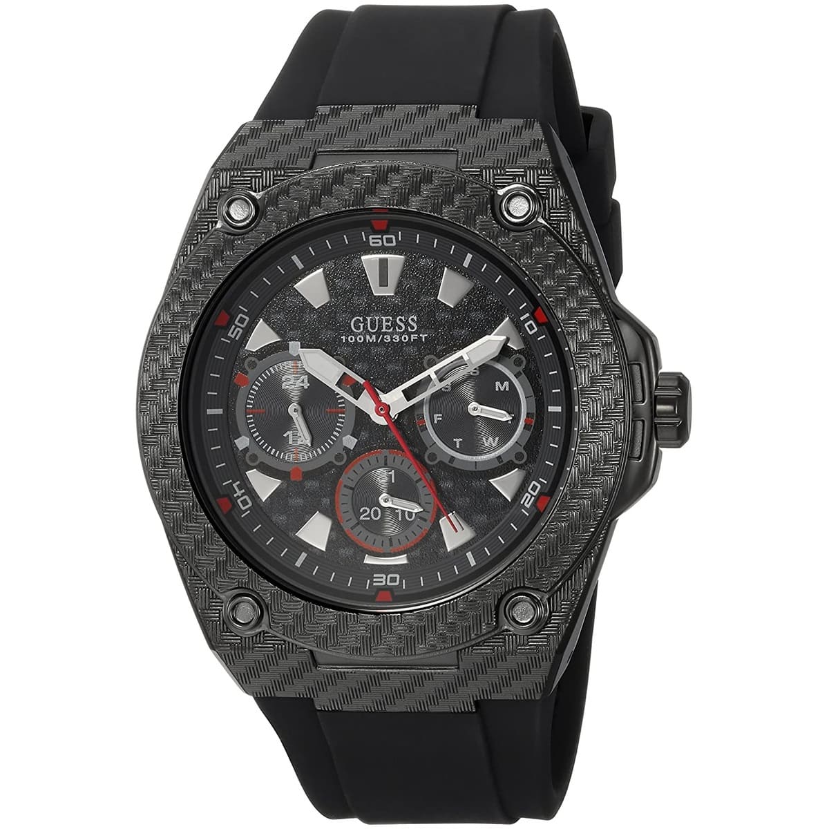 Guess Legacy chronograph dial with multiple subdials and red accents