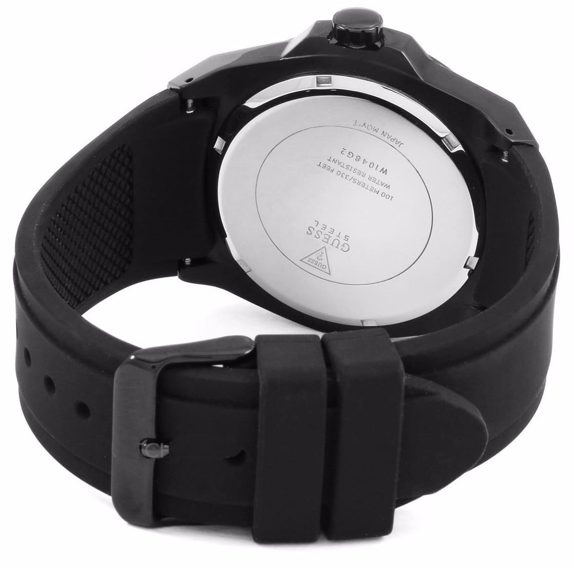 Guess Legacy watch caseback showing silver plate with engraved markings