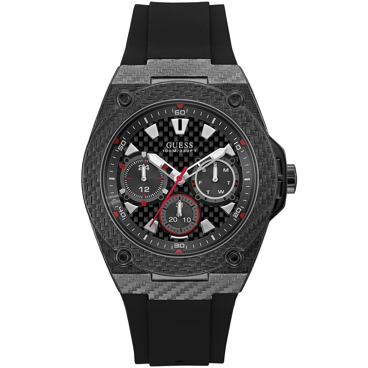 Guess Legacy men's watch with black textured case and black silicone strap