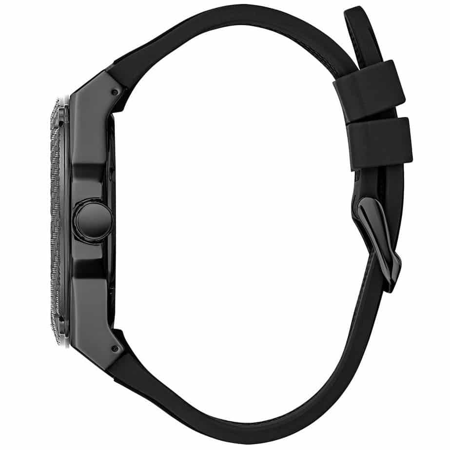 Guess Legacy watch side profile showing textured black case and strap
