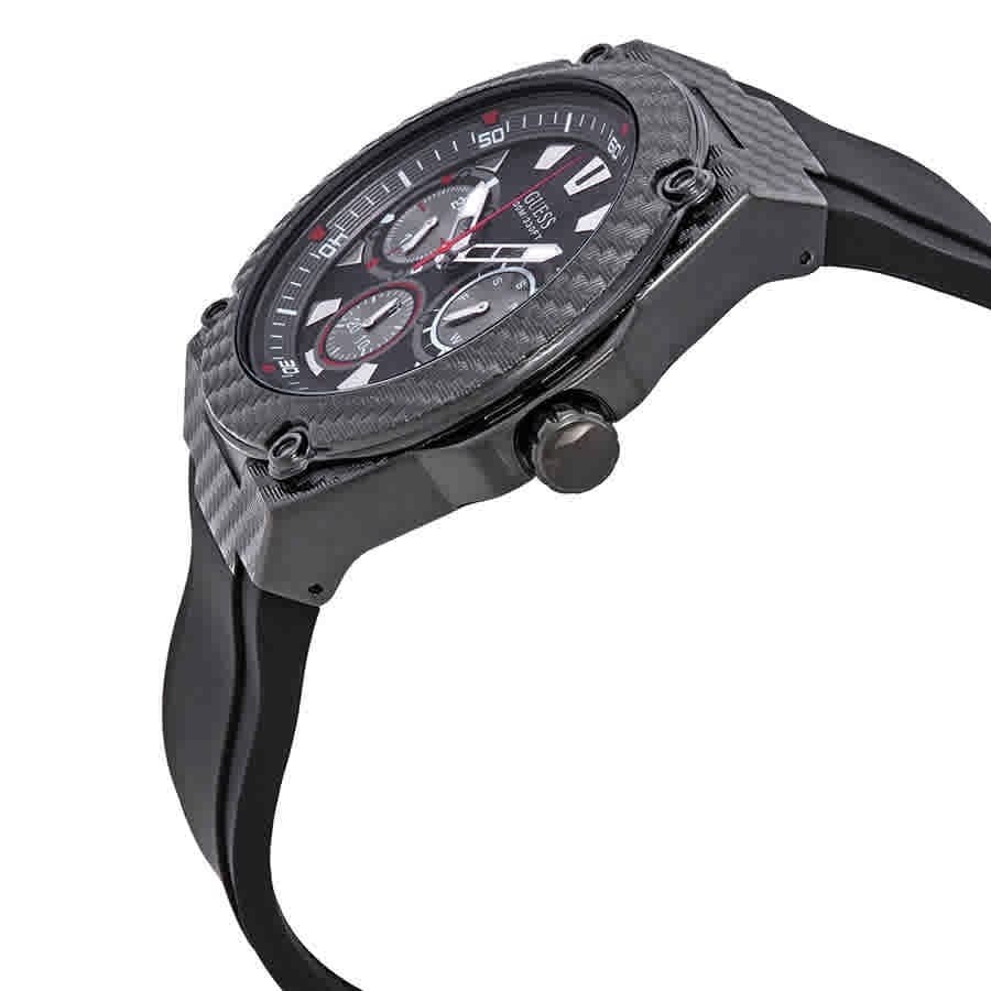 Side view of Guess Legacy watch with black silicone strap