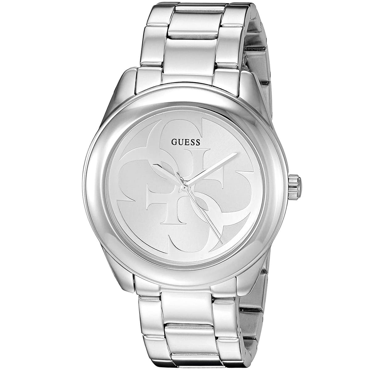 GUESS G-TWIST watch angled view showing silver bracelet and white dial with G-logo design