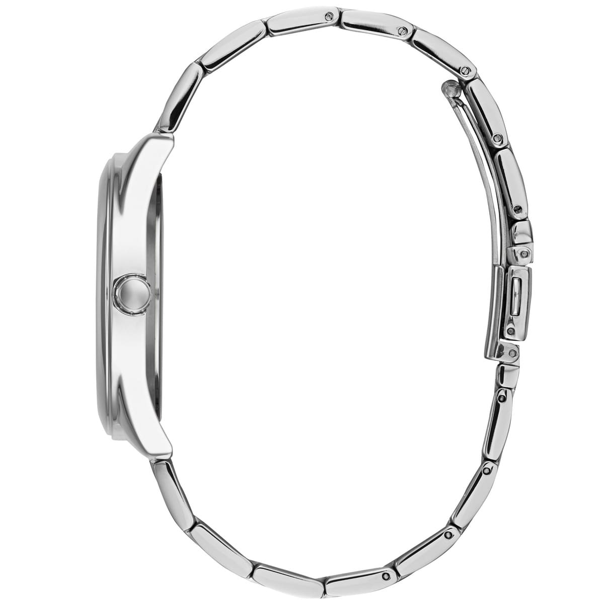 GUESS G-TWIST watch bracelet flat lay showing stainless steel links and adjustable clasp