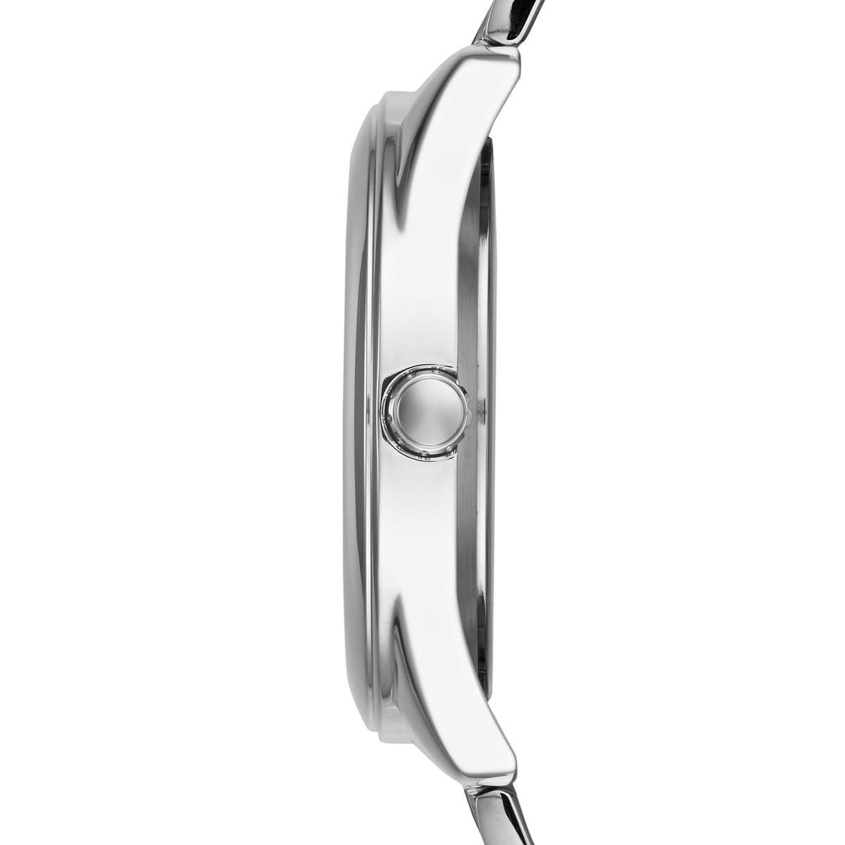 Side view of GUESS G-TWIST silver watch case showing crown and clean profile