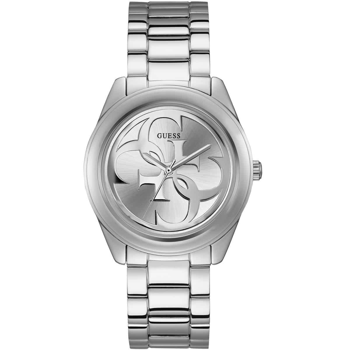GUESS G-TWIST silver stainless steel women's watch with round case and signature G-logo dial