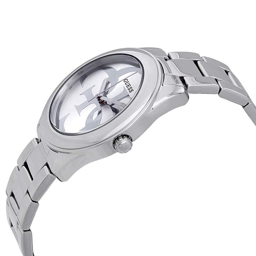 Side profile of GUESS G-TWIST silver watch showing case thickness and bracelet links