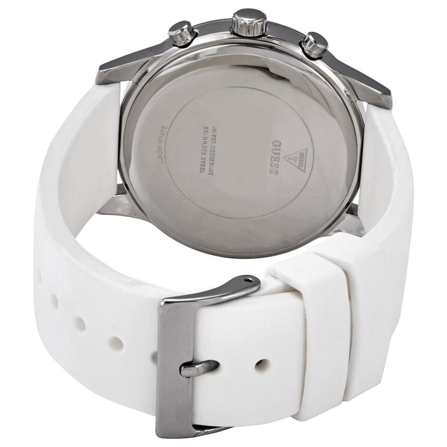 Caseback of Guess W1135L7 solar ladies watch showing stainless steel case back