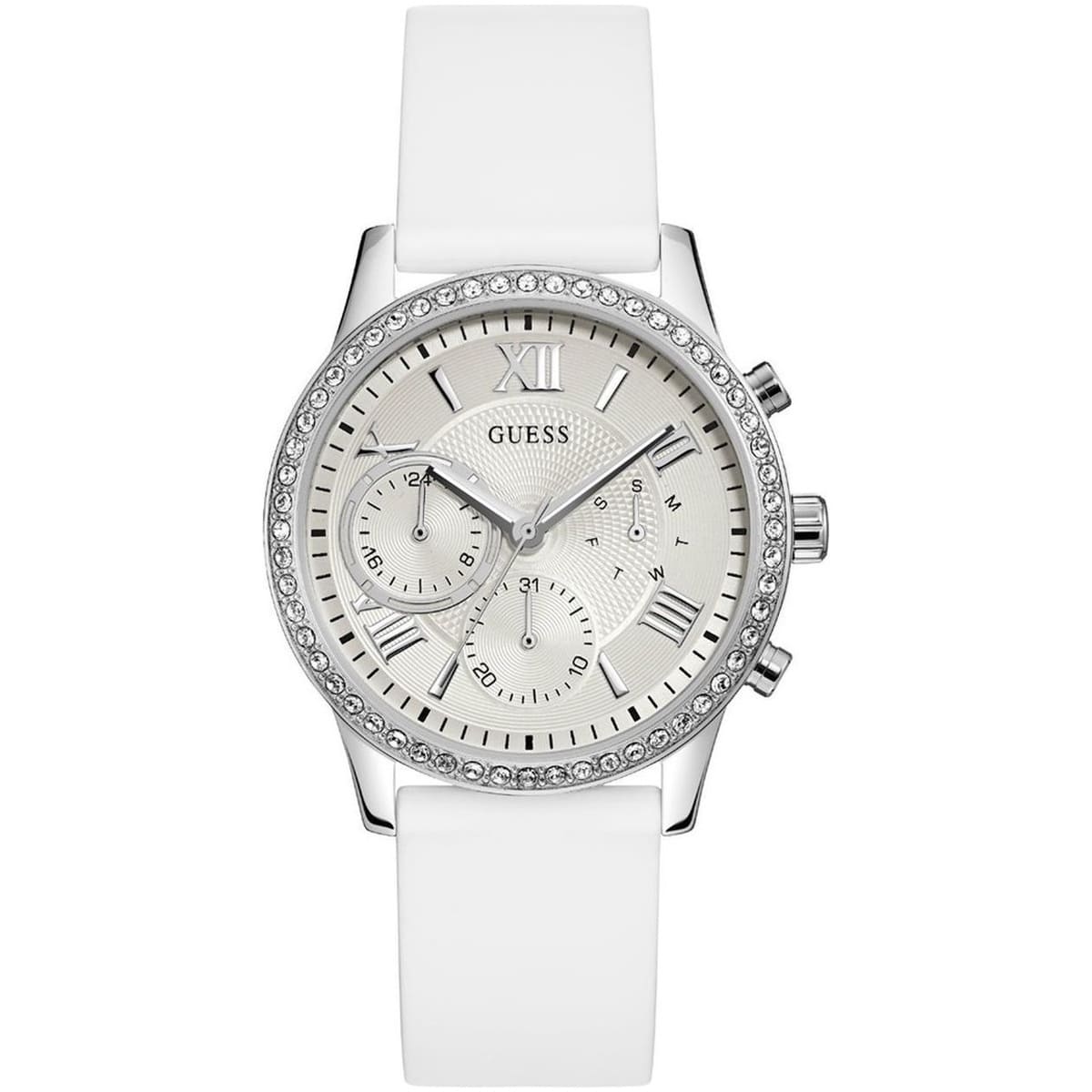 Guess W1135L7 solar ladies watch with silver dial and white silicone strap