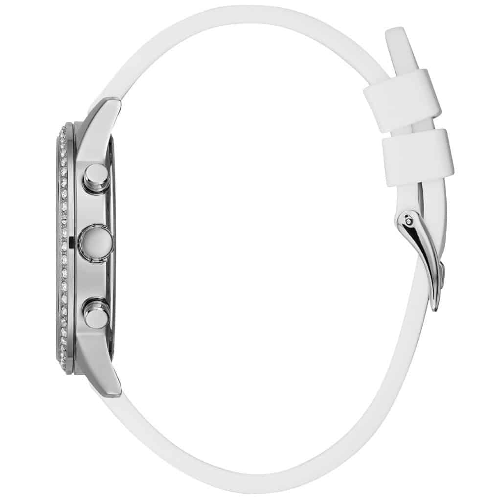 Side profile of Guess W1135L7 solar watch with chronograph pushers and strap