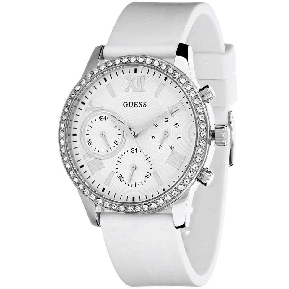 Guess W1135L7 women's chronograph watch angled view showing white rubber strap and dial detail