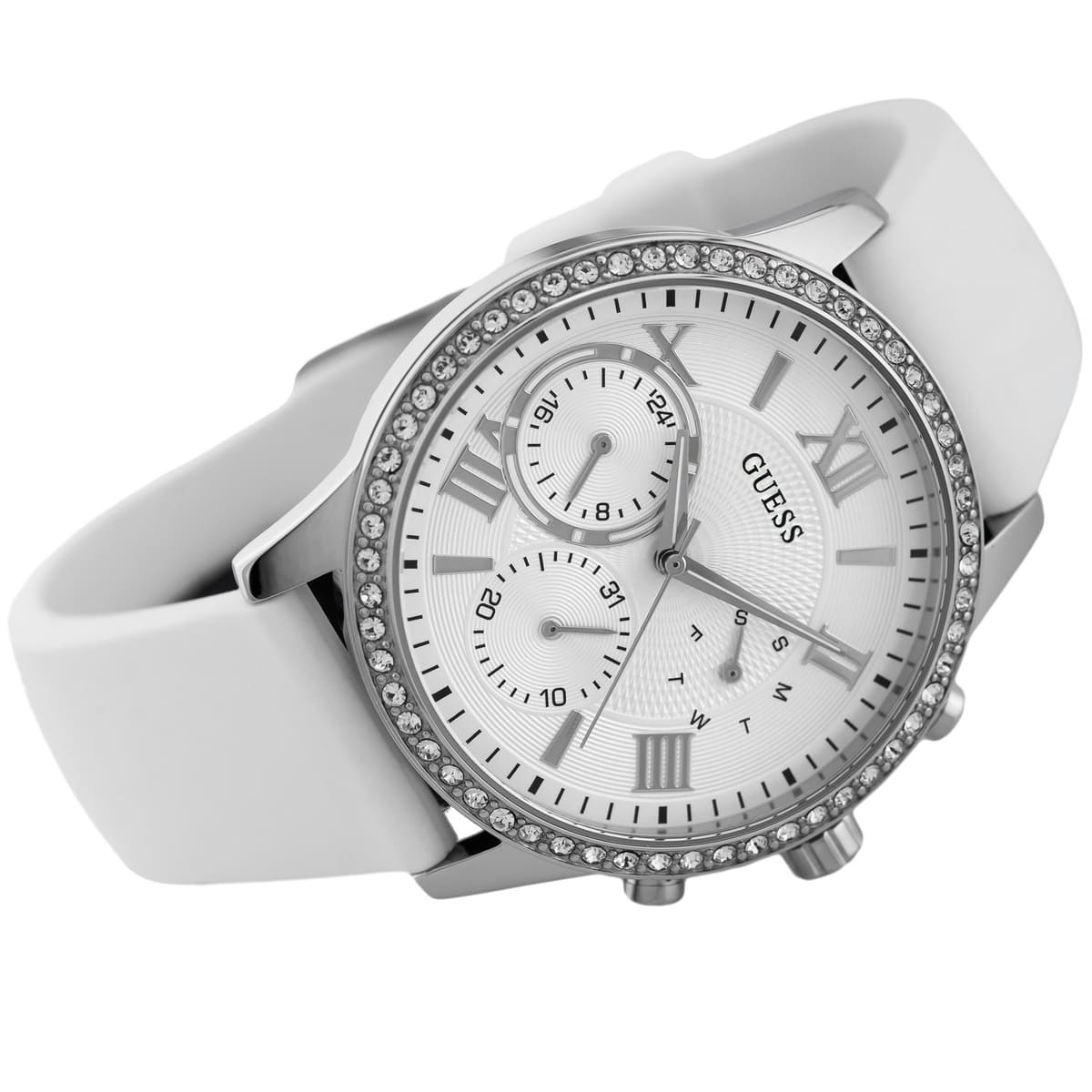Guess W1135L7 women's watch three-quarter view with white strap and silver-tone chronograph subdials