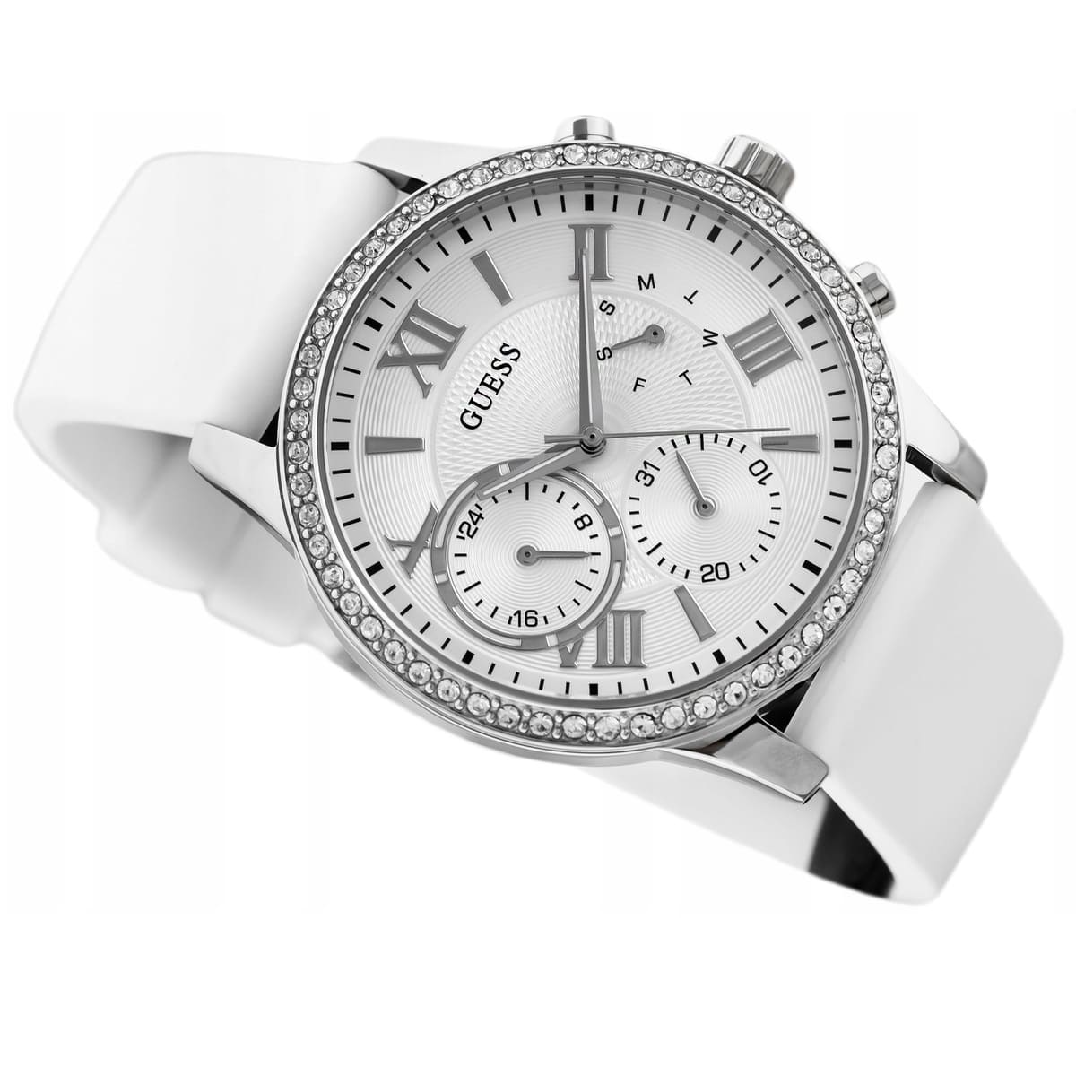 Guess W1135L7 women's chronograph watch showing dial with triple subdials and crystal bezel detail