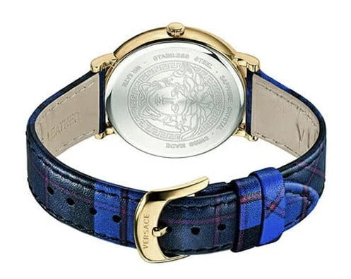 Versace V-Circle Black Dial Blue Leather Strap Women's Watch - VE8100218