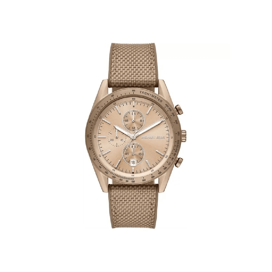 Oversized Warren chronograph watch with beige dial, gold-tone case, and beige nylon strap