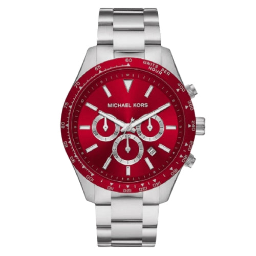 Michael Kors Layton Chronograph Red Dial Silver Steel Strap Watch For Men - MK8822