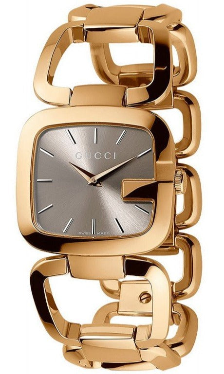 Gucci YA125408 gold quartz watch with grey dial and gold bracelet, front view