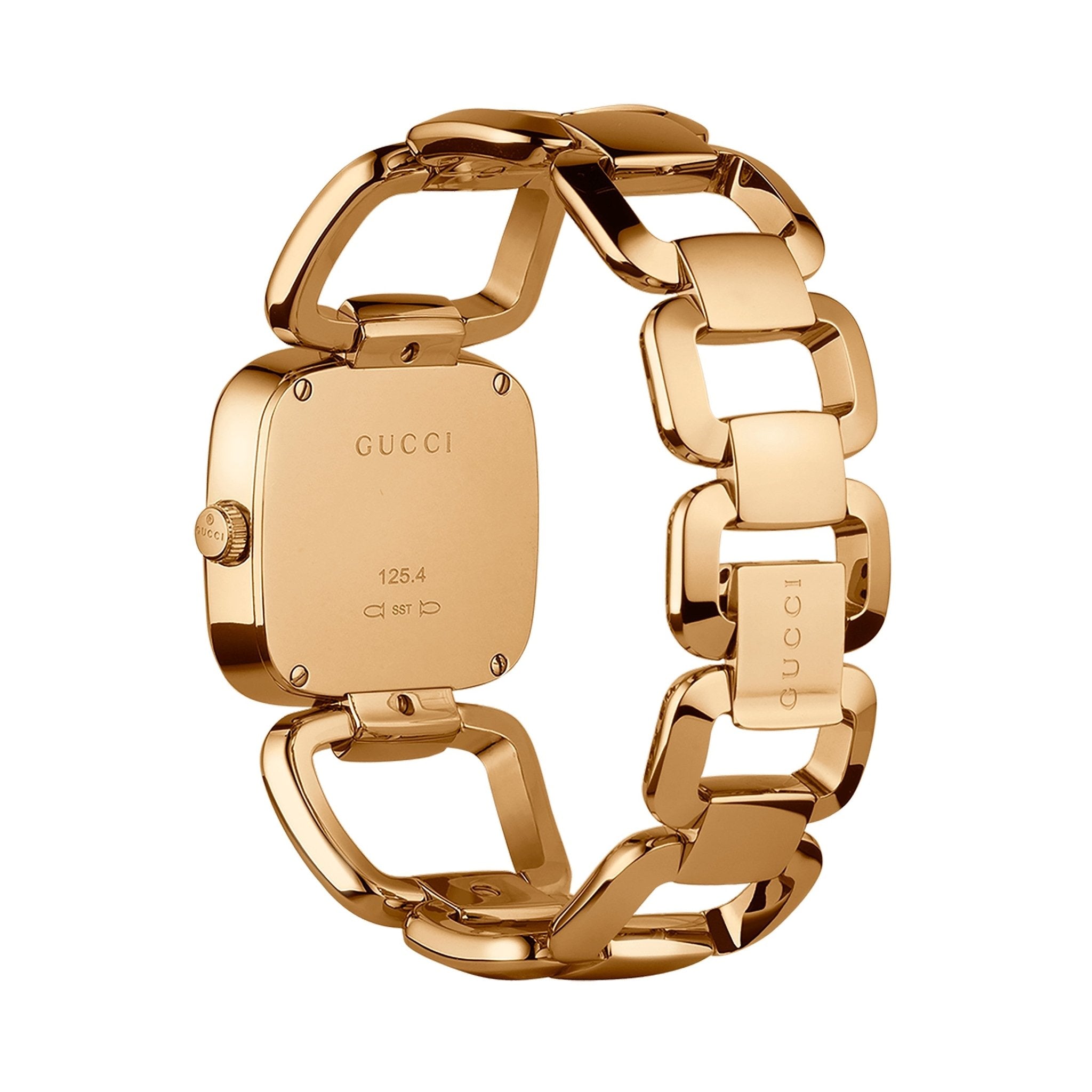 Gucci YA125408 gold bracelet watch side profile showing square case and links