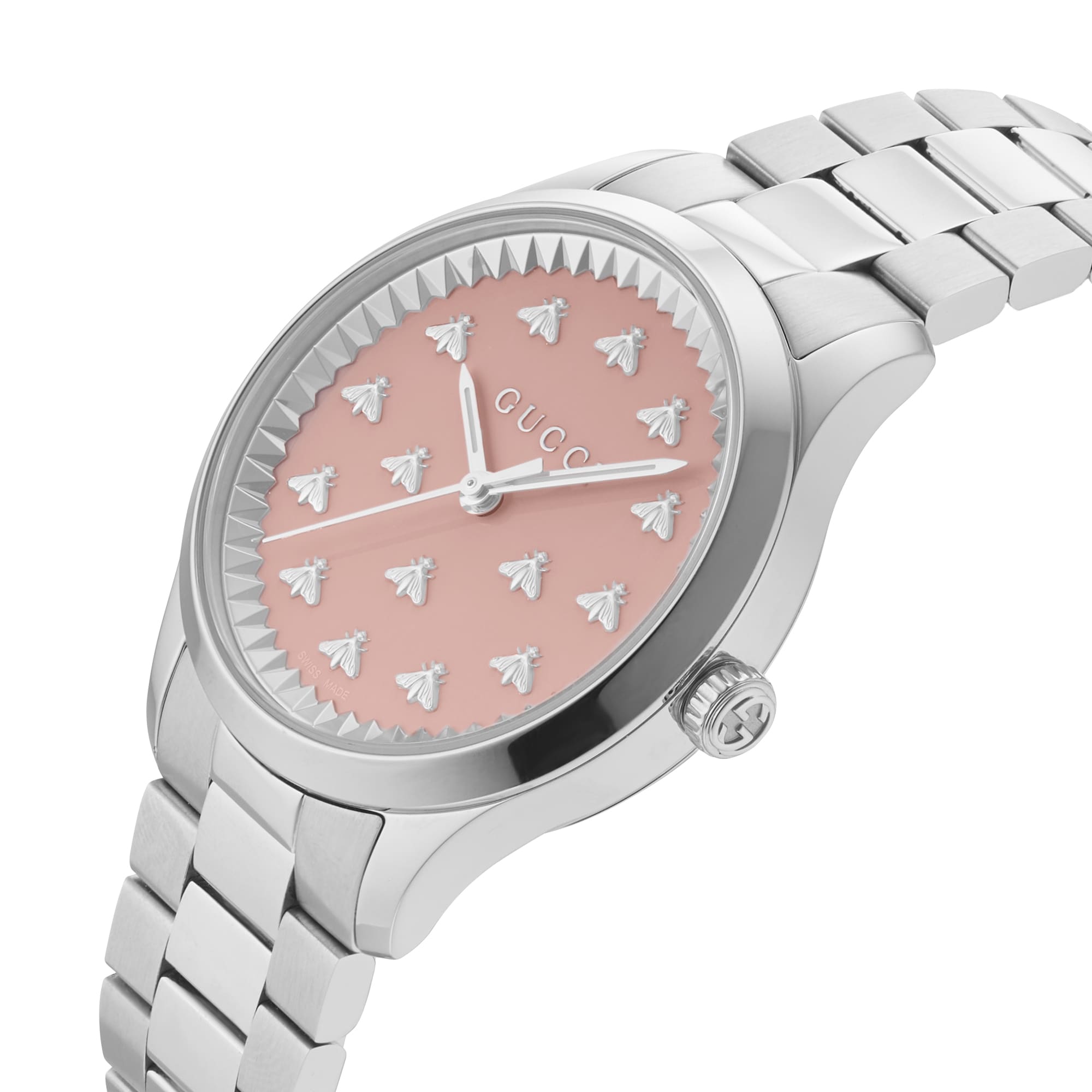 Gucci G-Timeless watch at angle showing pink dial, white bee markers, and stainless steel bracelet