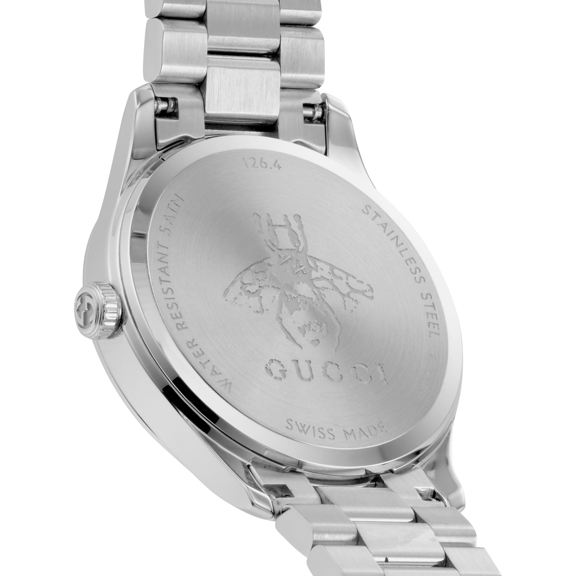 Gucci G-Timeless watch caseback showing Gucci bee logo and Swiss made engraving on stainless steel