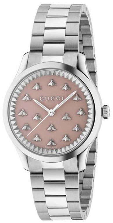 Gucci G-Timeless pink dial women's watch with stainless steel bracelet and bee pattern