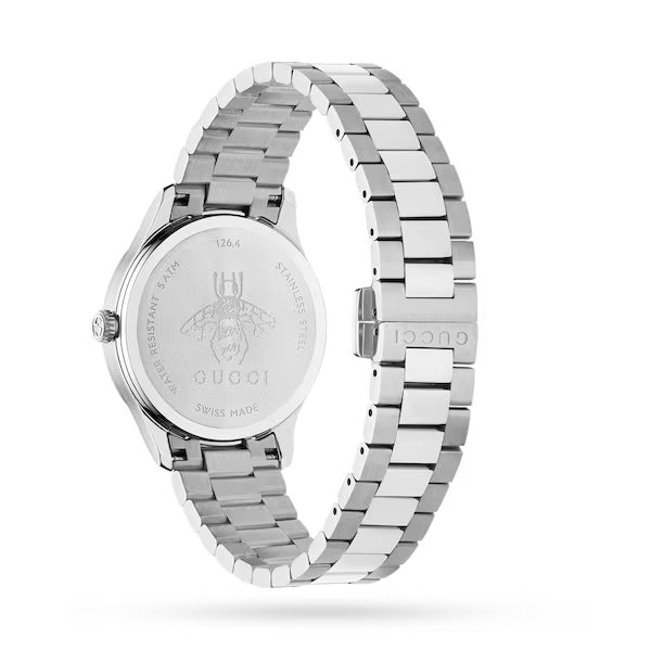 Gucci G-Timeless women's watch side view showing stainless steel case and three-link bracelet