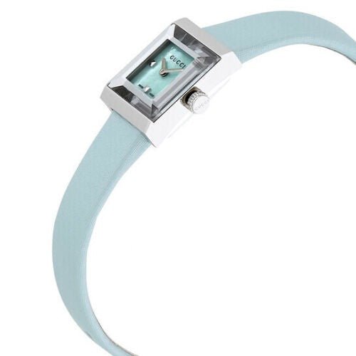GUCCI G-Frame watch with rectangular case and blue mother of pearl dial at angle
