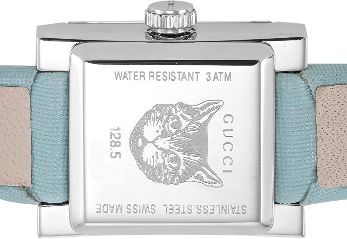 GUCCI G-Frame caseback showing water resistant 3 ATM and Gucci insignia