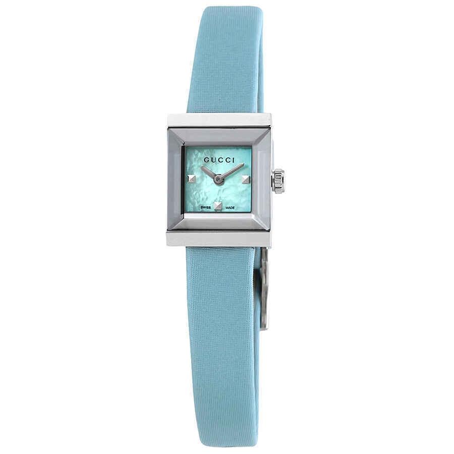 GUCCI G-Frame square watch with blue mother of pearl dial and light blue textile strap