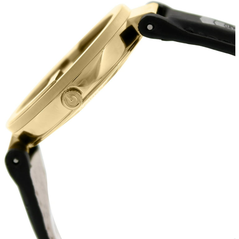 Side profile of Gucci Grammy watch showing gold-tone case thickness and black leather strap with Gucci logo detail