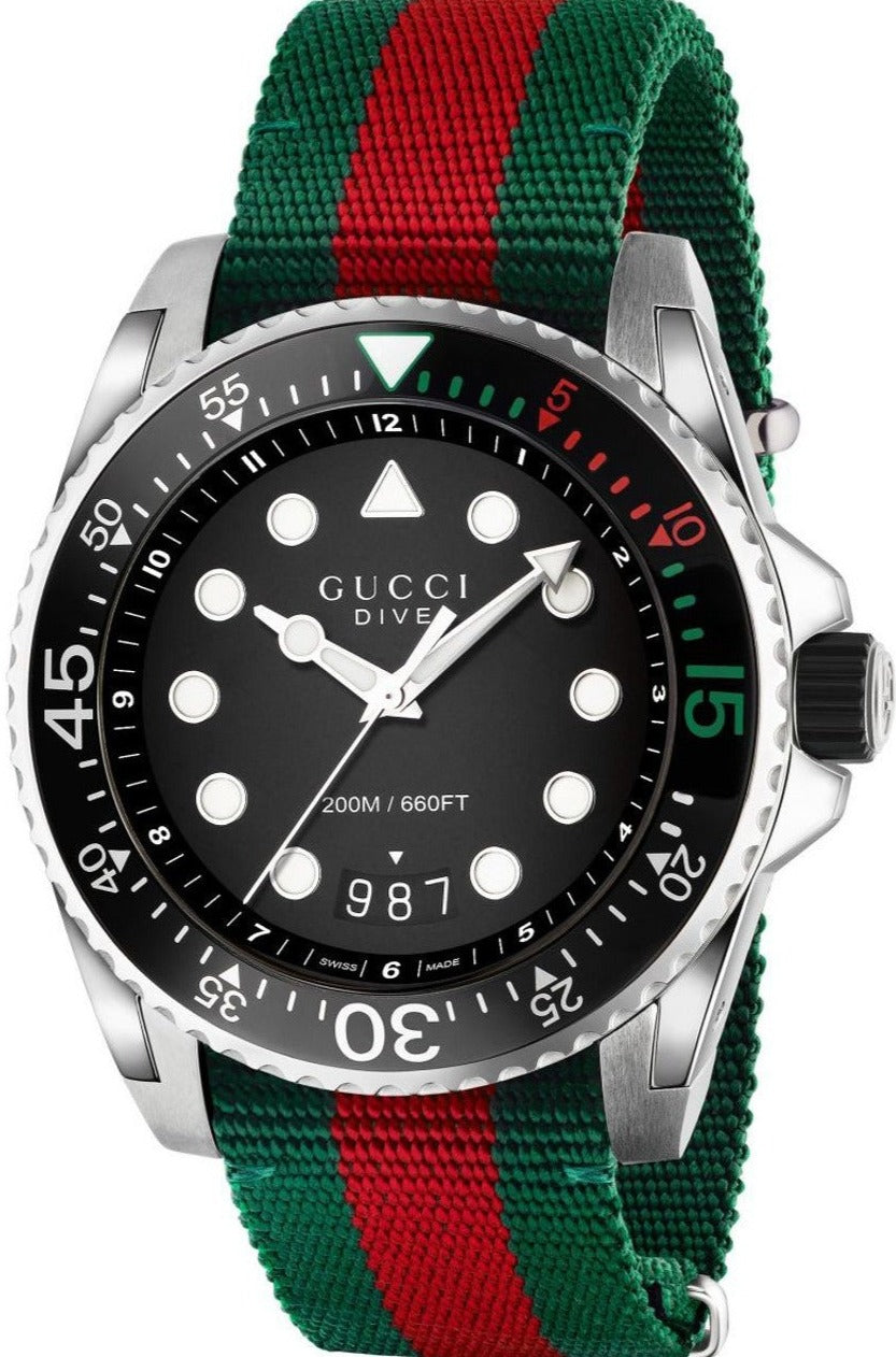 Gucci Dive men's watch with black dial, white markers, red and green striped nylon strap
