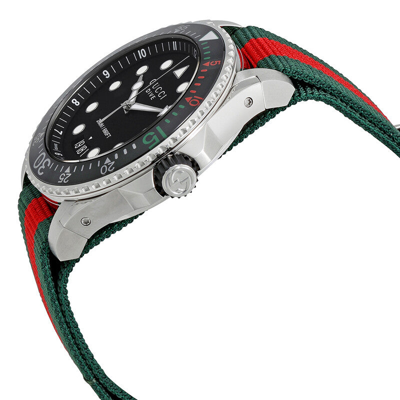 Side view of Gucci Dive watch showing crown and case profile with nylon strap