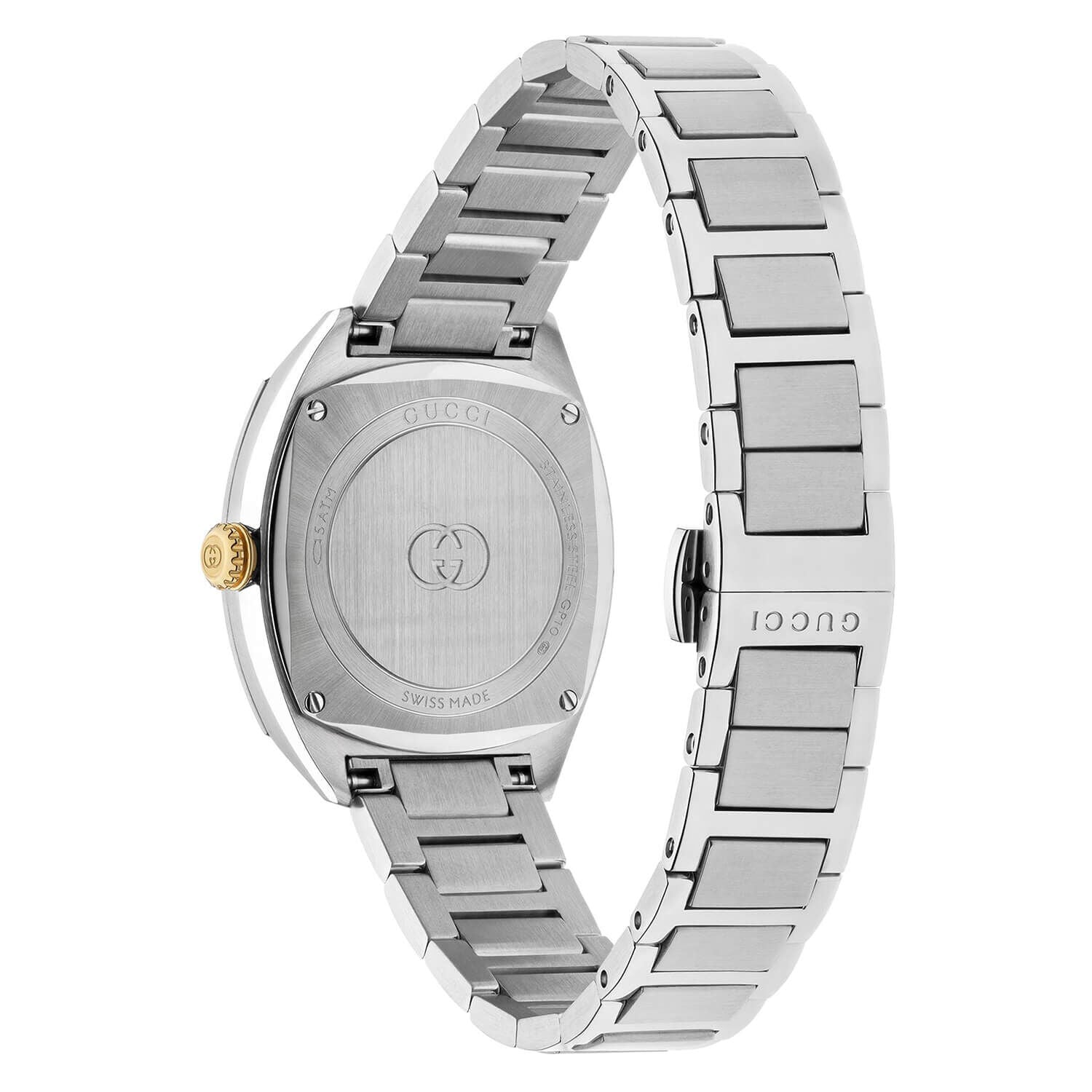 Caseback showing stainless steel case with interlocking GG logo and bracelet