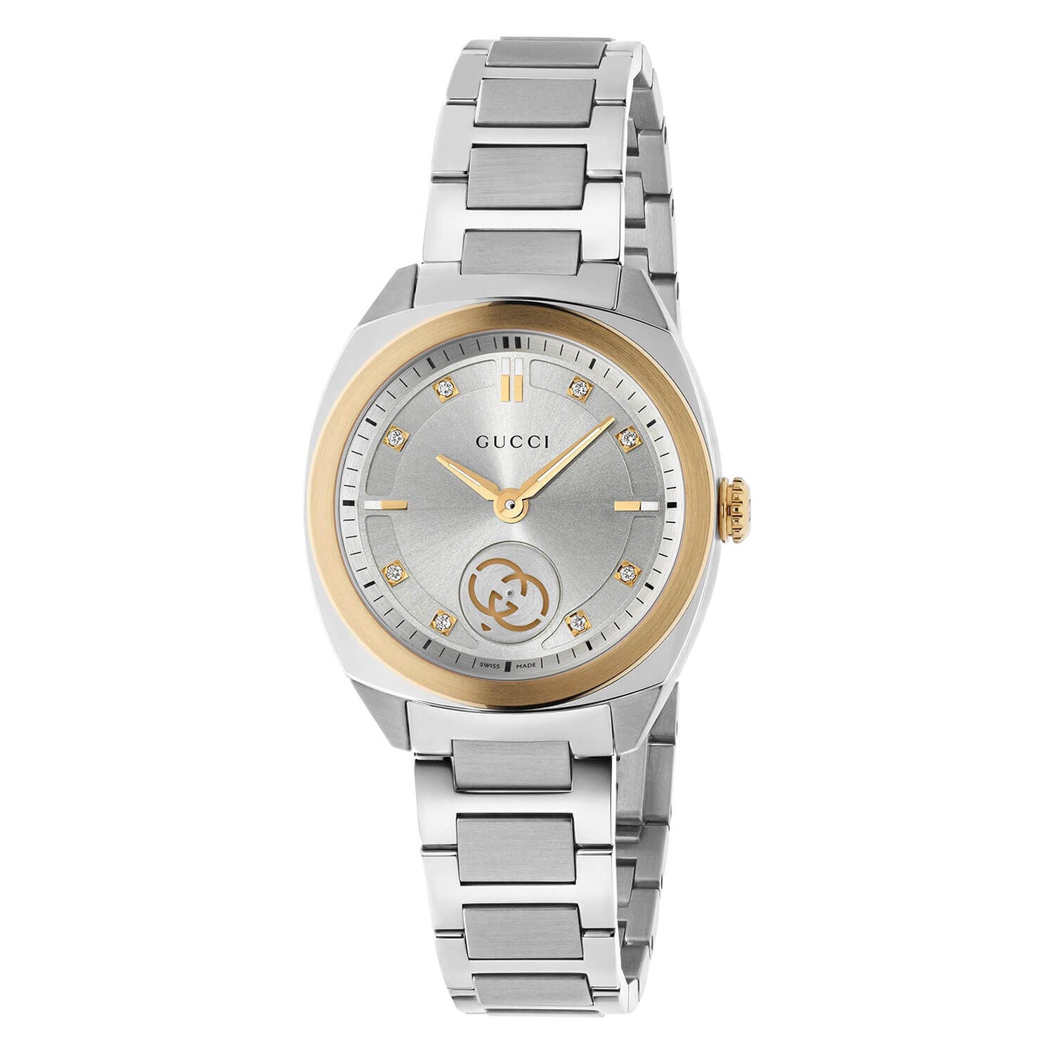 Gucci Interlocking 29mm silver dial watch with gold-tone bezel and stainless steel bracelet