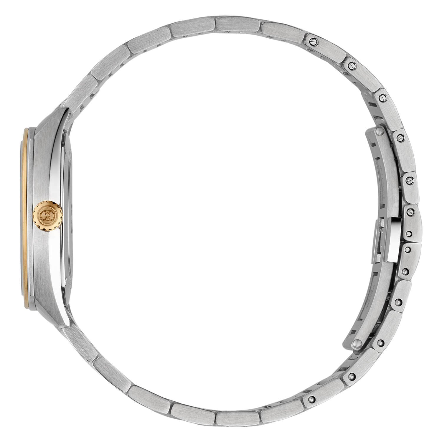 Side view of stainless steel bracelet with interlocking links and gold-tone crown