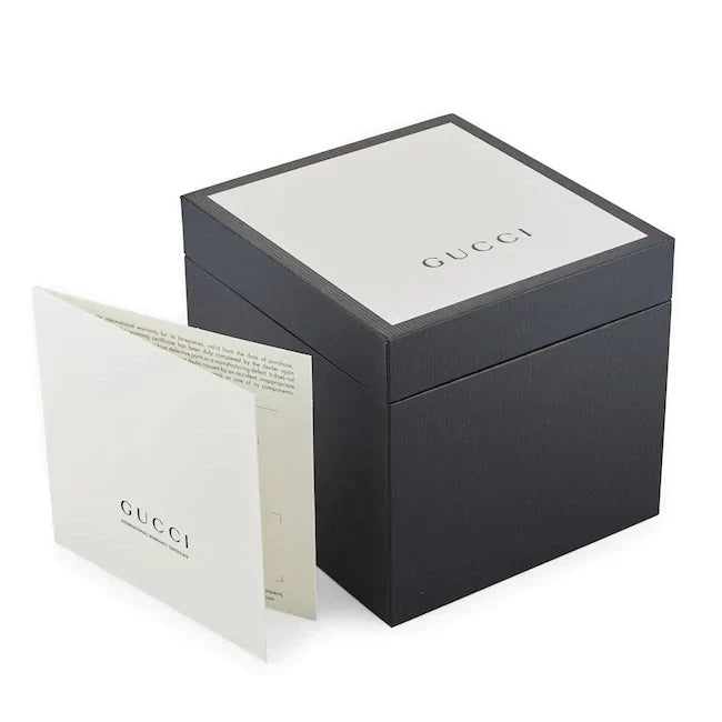 Gucci G-Frame watch packaging with black and white box and branded booklet