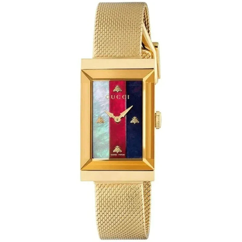 Gucci G-Frame yellow gold watch with white red and blue striped mother of pearl dial
