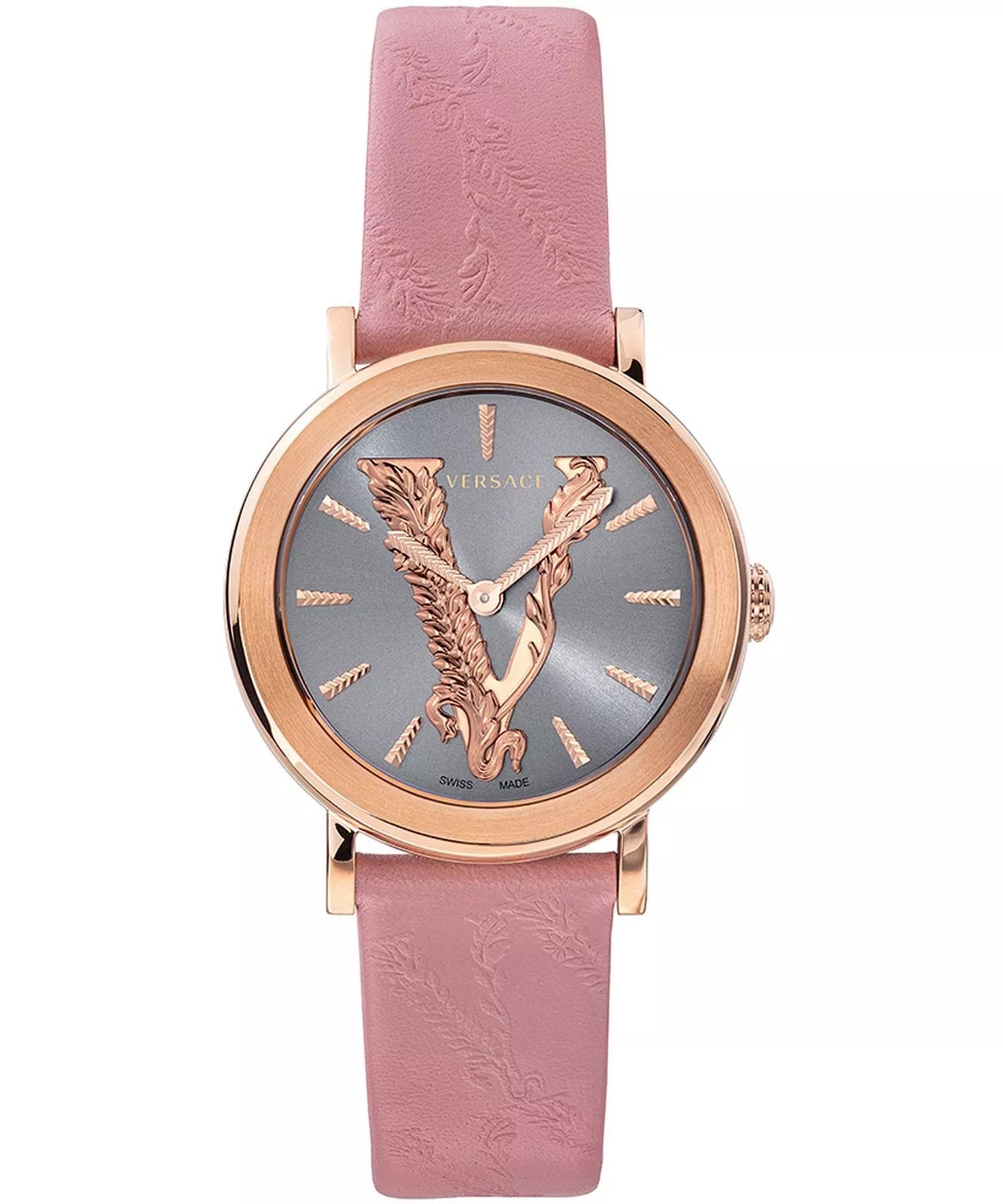 Versace Virtus Quartz Grey Dial Pink Leather Strap Women's Watch - VEHC00319