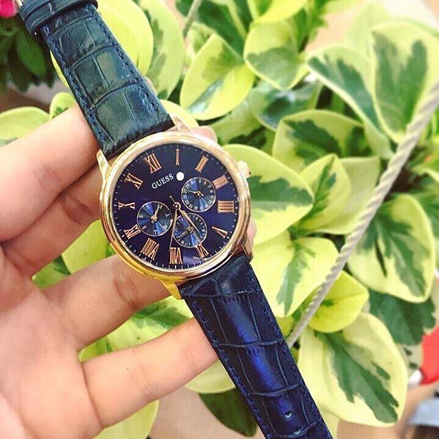 Guess Blue Dial Leather Strap Watch W0496G4 - The Watches Men & CO #5