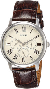 GUESS Men's White Dial Brown Leather Strap Watch  W70016G2 - The Watches Men & CO