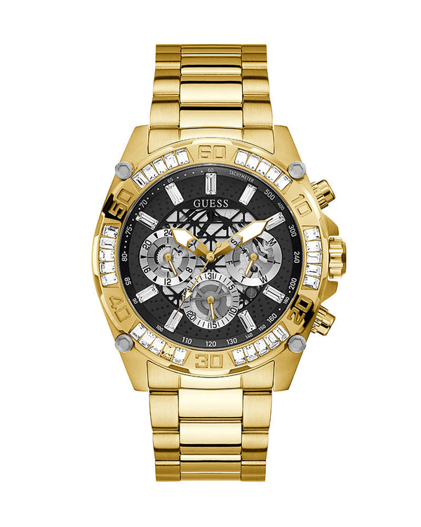 Guess Men's Watch Gold Case with Crystals Black Multi-Function Dial Gold Steel Bracelet Men's Watch  GW0390G2 - The Watches Men & CO