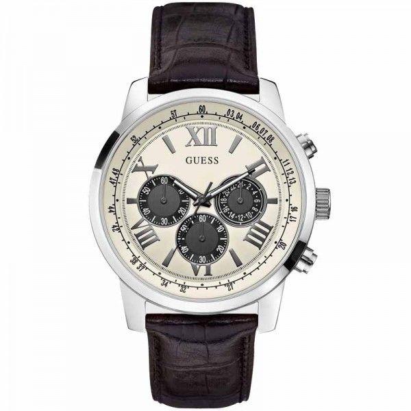 Guess White Dial Leather Band Men's Watch  W0380G1 - The Watches Men & CO
